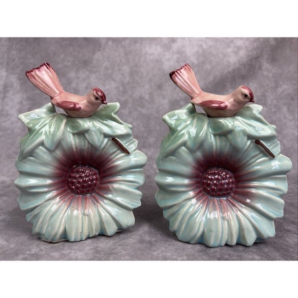 Pair 1948 McCoy Flower with Bird Green and Pink Wall Pockets Vintage HTF - Picture 1 of 9